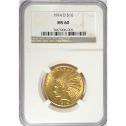 1914-D $10.00 GOLD INDIAN NGC MS60 SCARCE