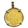 Image 2 : 1787 SPANISH 4 ESCUDOS GOLD COIN IN  A 14K GOLD BEZEL WITH DIAMONDS AND EMERALDS