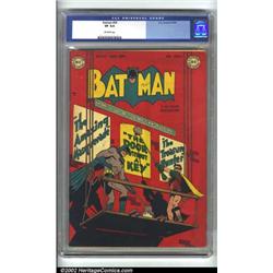 Batman #54 (DC, 1949) CGC VF 8.0 Off-white pages. The solid red background on this issue makes it...