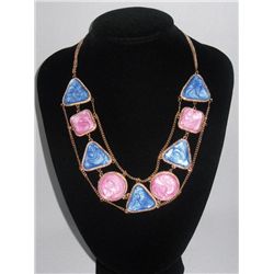 300CTW BLUE-PINK MULTI-SHAPED BRASS NECKLACE;