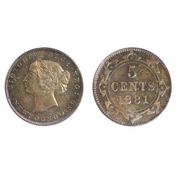 A GEM MINT STATE-65 1881 FIVE CENTS SILVER.