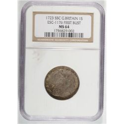 1723 GREAT BRITAIN SHILLING ESC 1176 FIRST BUST NGC MS-64