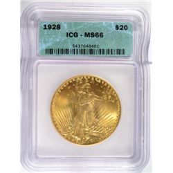 1928 $20 ST GAUDENS GOLD ICG MS66 SUPERB