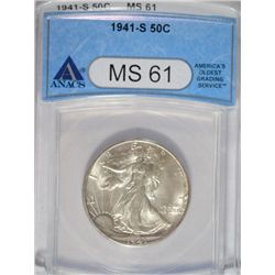 1941 S WALKING LIBERTY HALF DOLLAR ANACS MS 61