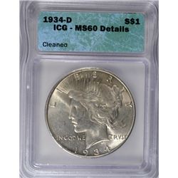 1934 D PEACE DOLLAR ICG MS 60 CLEANED