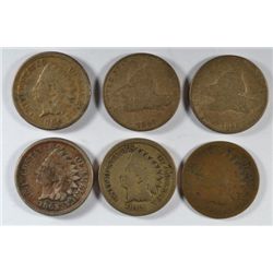 6 INDIAN HEAD CENTS (57,58,62,63,64 CN, 64 BR) AG-VG