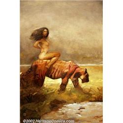 Jeff Jones - Original Oil Painting  Girl With Tiger  (undated). After breaking into the comics fi...