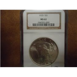 1925 PEACE SILVER DOLLAR NGC MS62