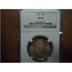 1957 FRANKLIN HALF DOLLAR NGC MS64 TONED