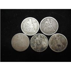 5 ASSORTED 1870'S SEATED LIBERTY DIMES