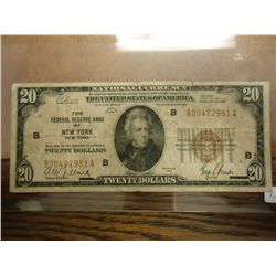 1929 $20 NATIONAL CURRENCY NEW YORK BROWN SEAL