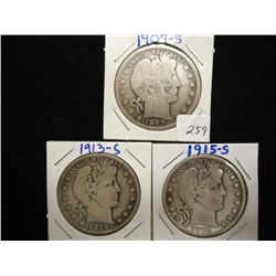 1907-S,13-S & 15-S BARBER HALF DOLLARS