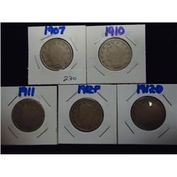 1907,10,11,12 & 12-D LIBERTY "V" NICKELS