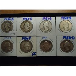 8 ASSORTED 1950'S WASHINGTON SILVER QUARTERS