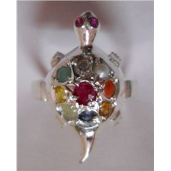 Tourtoise Shape Ring of weight 4.680g of 9 stones(Emerald,Ruby,Pearl,Sapphire,CZ,Citrine)