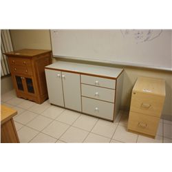 3 PIECES OF OFFICE FURNITURE, WHITEBOARD AND CORKBOARD