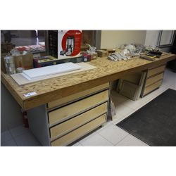 WORKBENCH, 2 BOOKSHELVES AND LARGE LOT OF HARDWARE