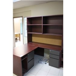 CHERRY DOUBLE PEDESTAL L-SHAPED DESK WITH HUTCH