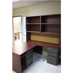 CHERRY DOUBLE PEDESTAL L-SHAPED DESK WITH HUTCH