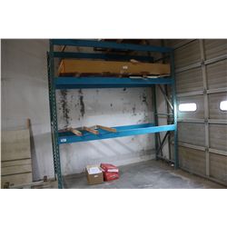 LARGE LOT OF SHEET WOOD AND 2 PALLET RACKS