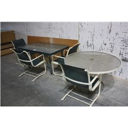2 GLASS PATIO TABLES AND CHAIRS