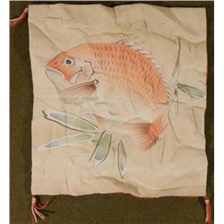 WWII JAPANESE SILK TAPESTRY - FISH AND RED GEOMETRIC