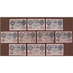 10 GERMAN 20 REICHSMARKS BANK NOTES-EARLY 1900'S