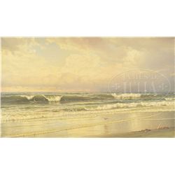 WILLIAM TROST RICHARDS (American, 1833-1905) THUNDERHEADS OVER BEACH WITH BREAKING WAVES