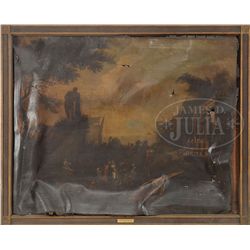 ATTRIBUTED TO JEAN-BAPTISTE MONNOYER (1634-1699) CLASSICAL LANDSCAPE WITH BUILDINGS, STATUE & FIGURE