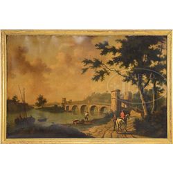 AFTER NICOLAES P. BERCHEM (Dutch, 1620-1683) RIVER WITH BRIDGE & FIGURES