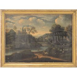 UNSIGNED (European, 19th Century) CLASSICAL LANDSCAPE WITH CASTLE, WATER & FIGURES