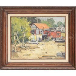 WALTER FARNDON (American, 1867-1964) LANDSCAPE WITH HOUSE AND BOATS