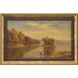 SAMUEL LANCASTER GERRY (American, 1813-1891) LANDSCAPE WITH LAKE & COWS