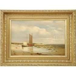 CHARLES HENRY GIFFORD (American, 1839-1904) TWO MEN WITH BOAT ON BEACH