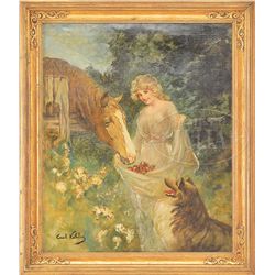 CARL KAHLER (American/Austrian, 1855-1906) WOMAN WITH HER DOG FEEDING APPLES TO HER HORSE