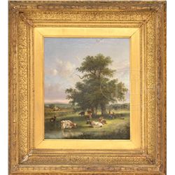 WILLIAM SHAYER SR (British, 1787-1879) LANDSCAPE WITH COWS AND FIGURES WITH TREE