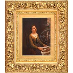 FRANZ MARIA INGENMEY (German, 1830-1878) INTERIOR WITH YOUNG WOMAN IN CHAIR WITH NEEDLEWORK