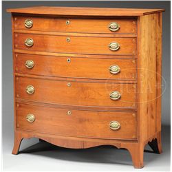 FINE NEW ENGLAND FEDERAL CHERRY INLAID BOWFRONT CHEST OF DRAWERS.