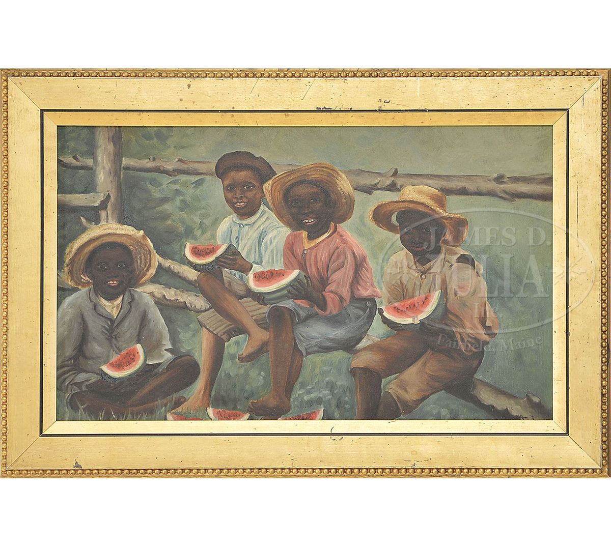 FOLK ART PAINTING OF BLACK BOYS EATING WATERMELONS.