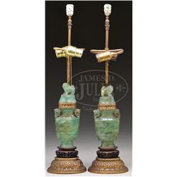 PAIR OF FLUORITE COVERED JARS.