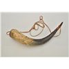 Image 1 : Old heavily carved powder horn approx. 15”  overall with wood plug and wood cap; scenes  include a m
