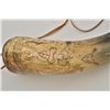 Image 2 : Old heavily carved powder horn approx. 15”  overall with wood plug and wood cap; scenes  include a m