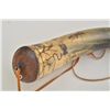 Image 3 : Old heavily carved powder horn approx. 15”  overall with wood plug and wood cap; scenes  include a m