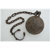 Image 1 : Large iron ball and chain with articulating  shackle showing age; heavy solid ball is  approx. 7” in