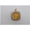 Image 1 : One 1908 five dollar gold coin unmarked in a  diamond bezel pendant . Est.:$1,200-$1,400.