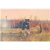 Image 1 : Large color print by Michael Coleman of a  mother black bear and her cubs raiding a  fishing camp, a