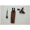 Image 1 : Small lot of Mauser rifle parts, an antique  reloading tool and a brass and leather powder  flask.  