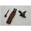 Image 2 : Small lot of Mauser rifle parts, an antique  reloading tool and a brass and leather powder  flask.  