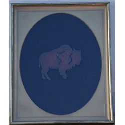 Framed iron artwork piece depicting an  American Bison approx. 3” x 4” with shadow  box style frame 