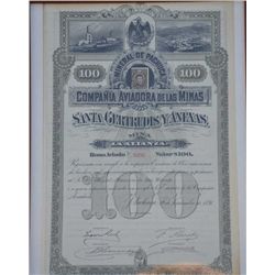 Framed original Mexican Mining Stock  Certificate for the Santa Gertrudis Y Anexas  Mina dated Sept.